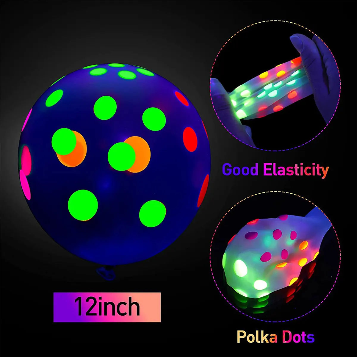 90Pcs Neon Balloons 12” UV Neon Glow Balloons Reusable Polka Dot Blacklight Balloons Glow in the Dark Latex Balloon Blacklight