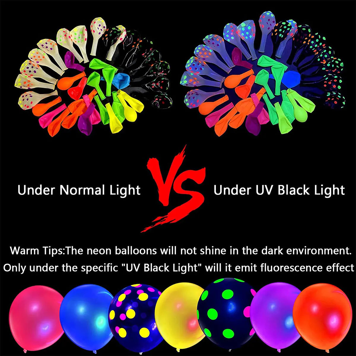 90Pcs Neon Balloons 12” UV Neon Glow Balloons Reusable Polka Dot Blacklight Balloons Glow in the Dark Latex Balloon Blacklight