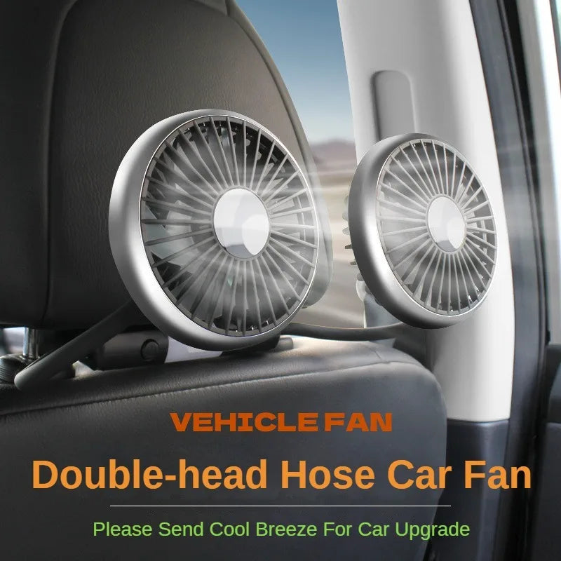 360° Rotation Double Head Car Back Seat Fan 5 Fan Blades 3-speed Wind Adjustment USB Auto Cooling Fans for Summer Car Accessorie