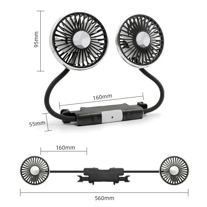 360° Rotation Double Head Car Back Seat Fan 5 Fan Blades 3-speed Wind Adjustment USB Auto Cooling Fans for Summer Car Accessorie