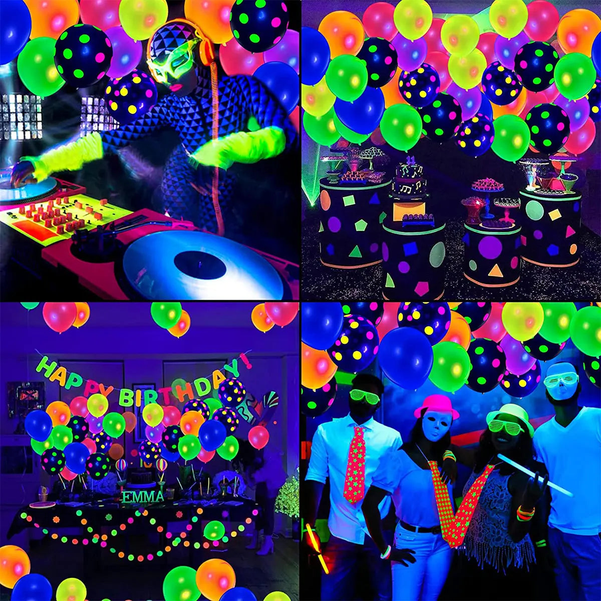 90Pcs Neon Balloons 12” UV Neon Glow Balloons Reusable Polka Dot Blacklight Balloons Glow in the Dark Latex Balloon Blacklight