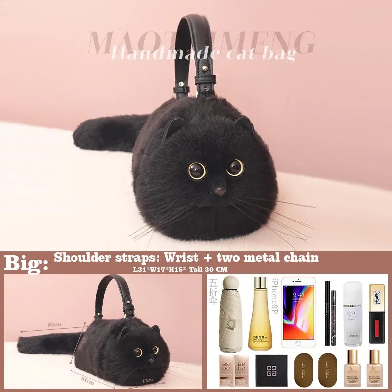 One Shoulder Bag Female Design Small Man Messenger Bag Versatile Hand Made Autumn and Winter Plush Cute Cat Bag