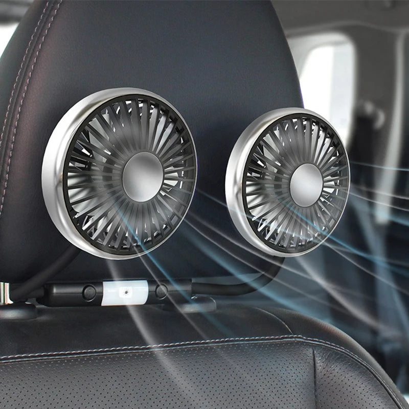 360° Rotation Double Head Car Back Seat Fan 5 Fan Blades 3-speed Wind Adjustment USB Auto Cooling Fans for Summer Car Accessorie