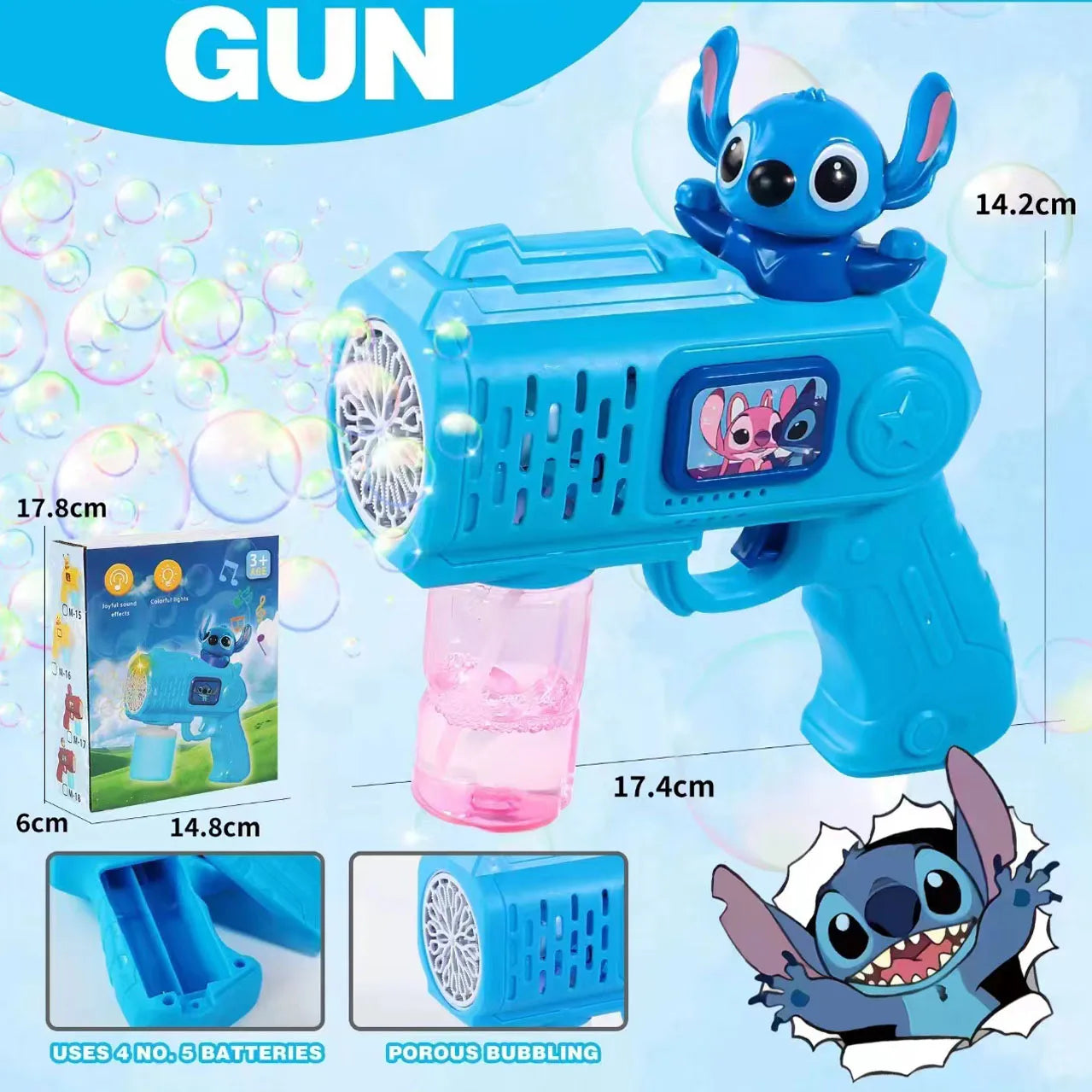 New Stitch Electric Bubble Gun Kids Toy Bubbles Machine Automatic Soap Blower With Light Outdoor Games Boys And Girls Gift