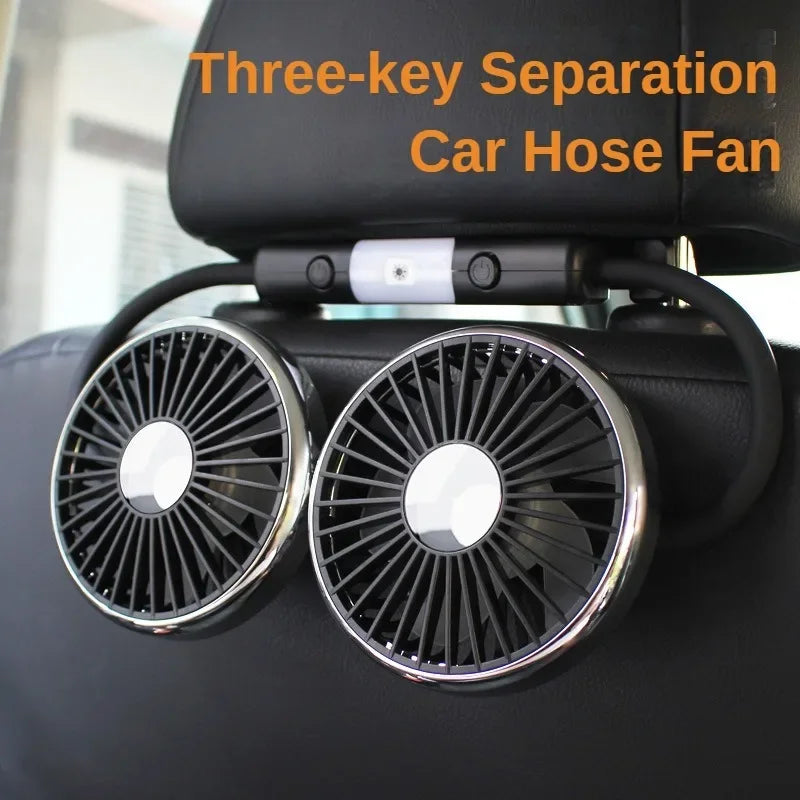 360° Rotation Double Head Car Back Seat Fan 5 Fan Blades 3-speed Wind Adjustment USB Auto Cooling Fans for Summer Car Accessorie