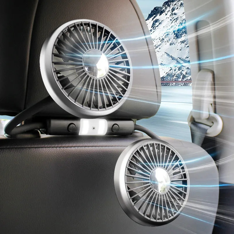 360° Rotation Double Head Car Back Seat Fan 5 Fan Blades 3-speed Wind Adjustment USB Auto Cooling Fans for Summer Car Accessorie