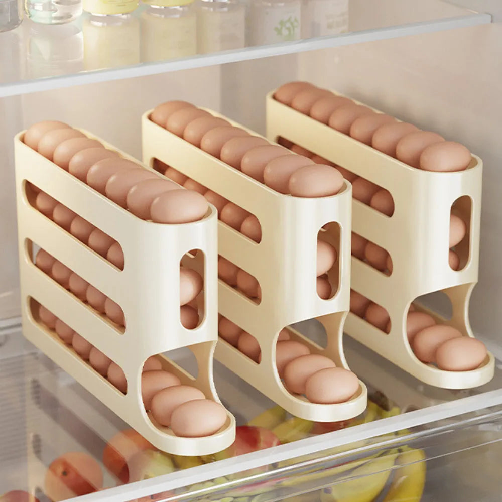 4 Layers Automatic Rolling Egg Holder Rack Fridge Egg Storage Box Container Kitchen Refrigerator Egg Dispenser Fridge Organizer